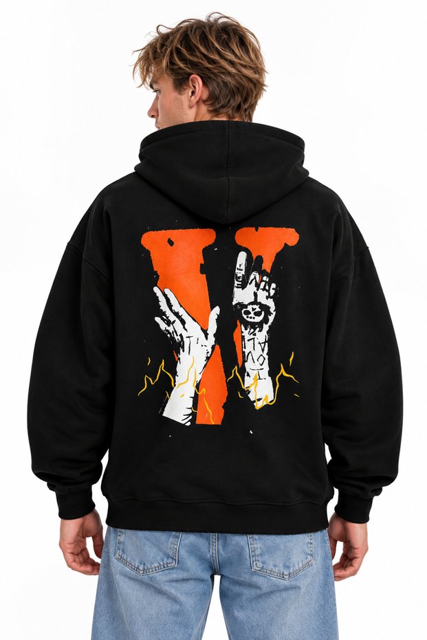 Women's Men's Unisex V El Orange Back Patterned Printed 100% Cotton Oversize Hooded Sweatshirt Hoodie