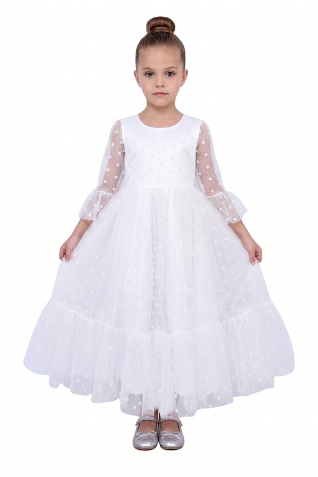 Girls 2-in-1 UAE National Day Swiss Dot Tulle Maxi Dress with Detachable Flag Ruffle Cape