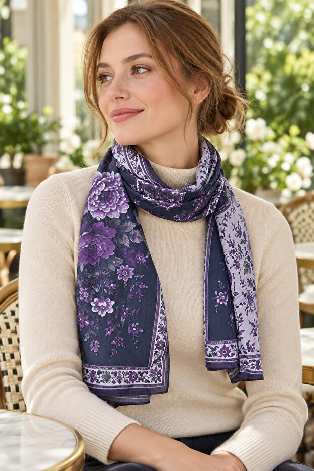Floral Pattern Modal Fabric Long Wide Ethol Shawl Scarf 145X50 cm
