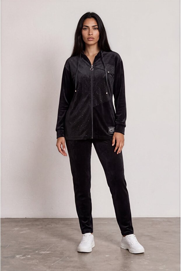 Hooded Soft Garnished Tracksuit Set - Black
