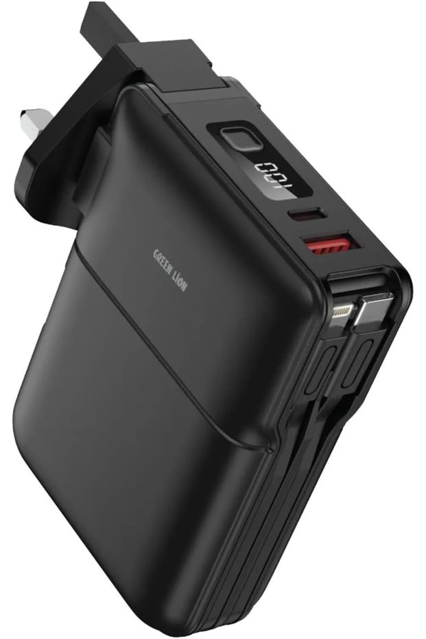 Power Bank 10000mAh [Universal EU/UK/US Plug Adapter], PD 20W, Built-in Type-C/Lightning Cable, USB-A/USB-C Ports, Compatible with iPhone 17/16/15, S25, International Travel Adapter
