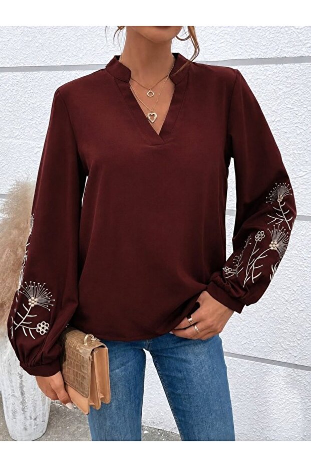 Women's long sleeve v-neck floral print viscose two-ply blouse