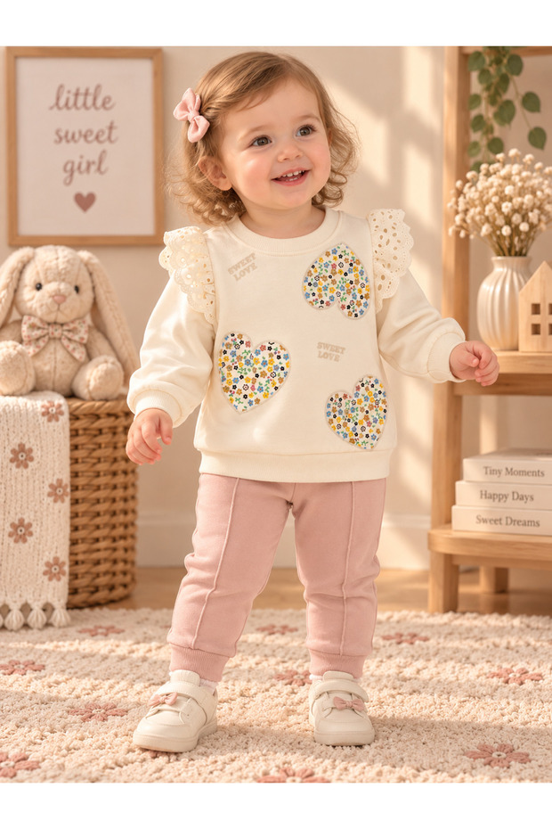 Heart Flower Printed Ruffled Shoulder 2 Thread Baby Girl-Child 2-Piece Set 6 Months-18 Months