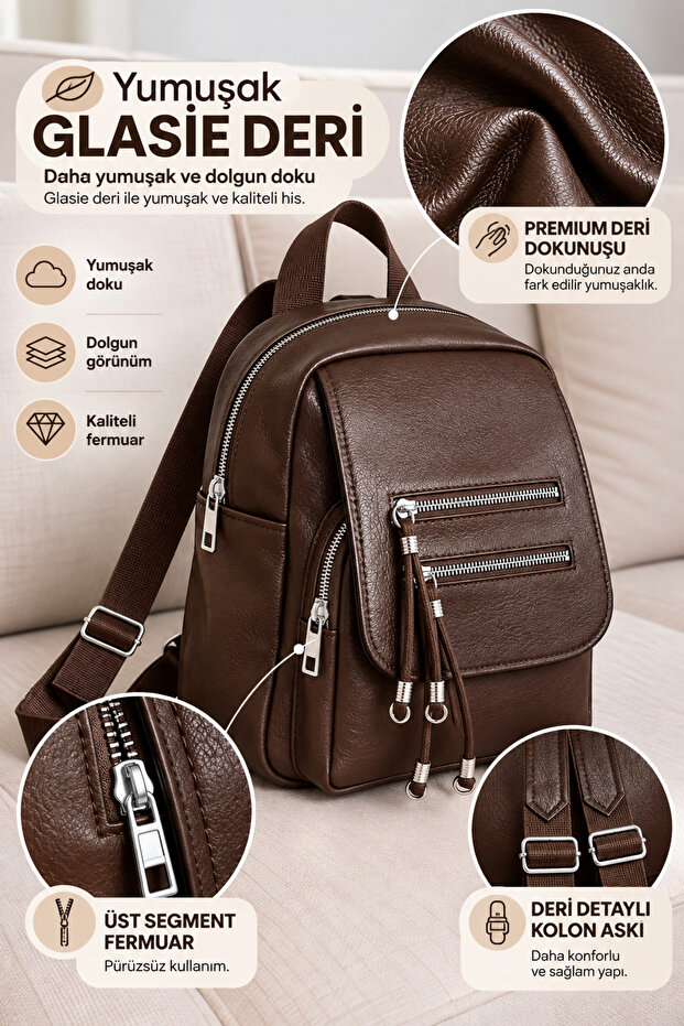 Women's 3-Compartment Brown Soft Leather Covered Backpack with Tassel and Column Strap, Leather Detail