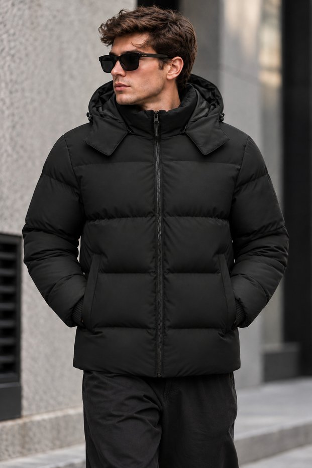 New Now Men's Black Removable Hood Winter Puffer Coat