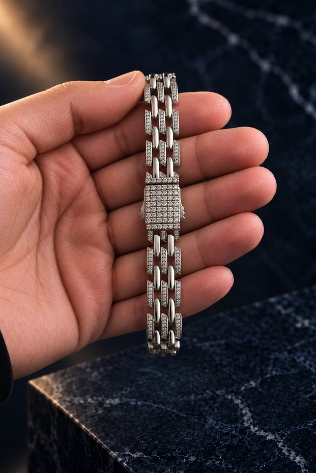 Zircon Stone Detailed Braided Cuban Chain Bracelet