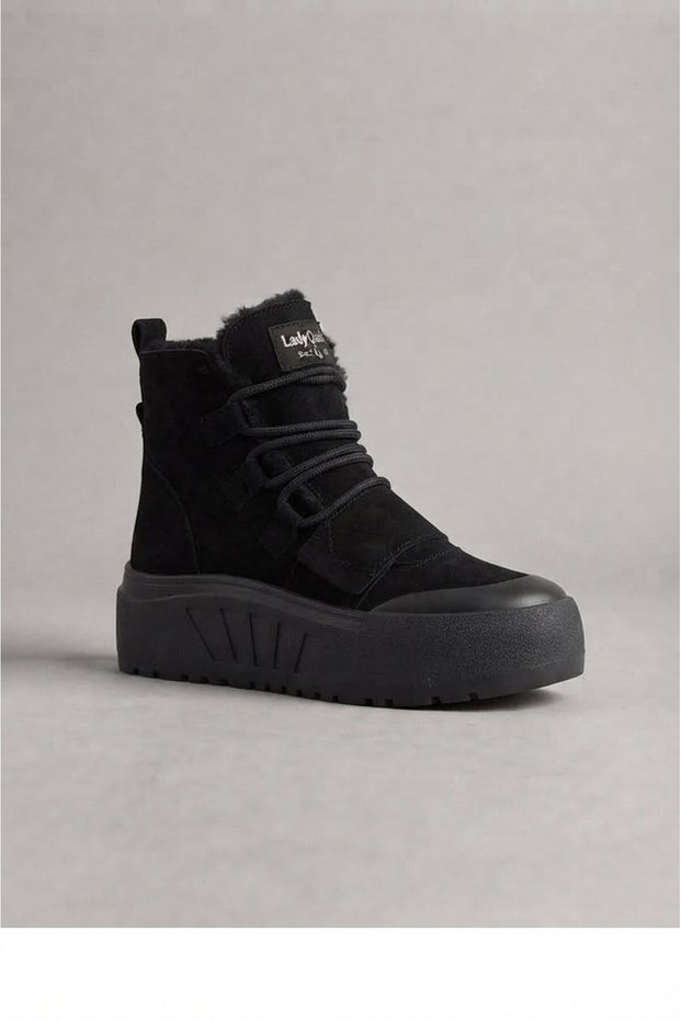 Black Suede Thick Soled Lace-Up Women's Casual Daily Boots with Fur Inside