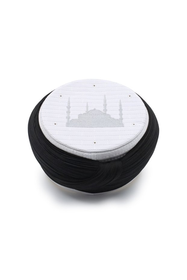 Mosque Wrap - Black Fabric - White Skullcap - Round Wrap - Mosque Embroidered - 5 Meters