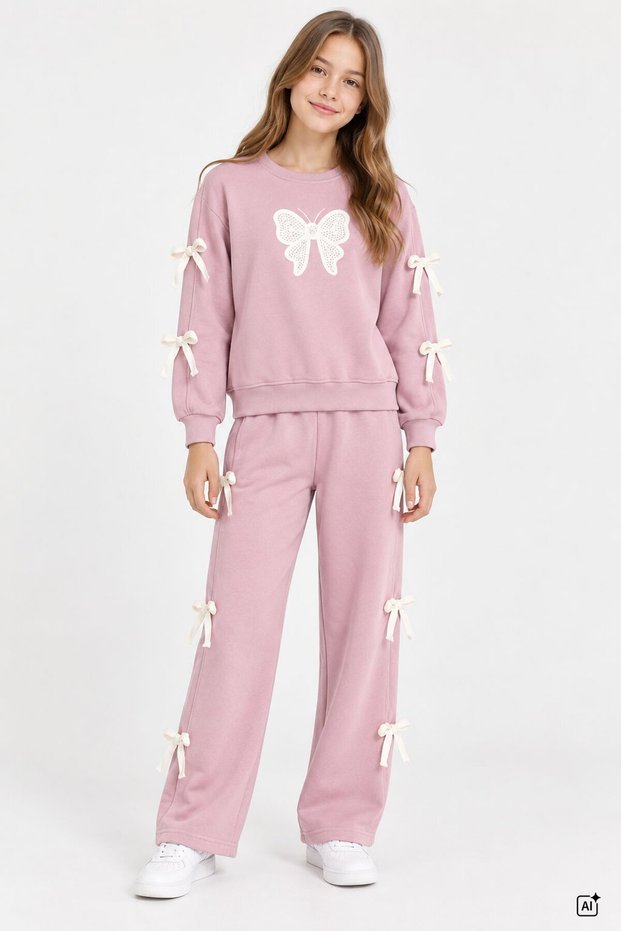 Dusty Rose Girls' Butterfly Embroidered Ribboned Tracksuit Set 24979