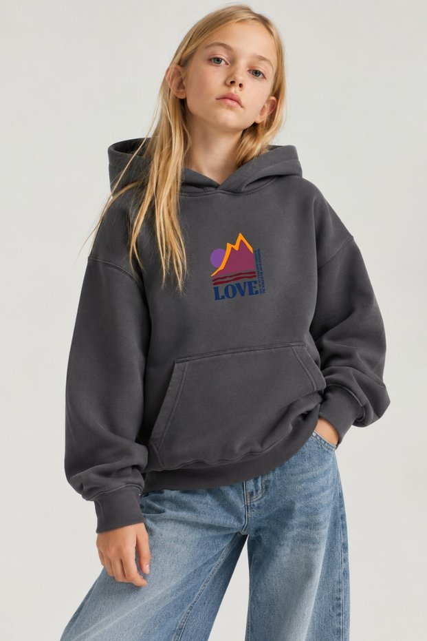 Girl's Oversize Hoodie Love Mount Printed Smoked – Hooded, with Pockets, 3 Thread Fleece