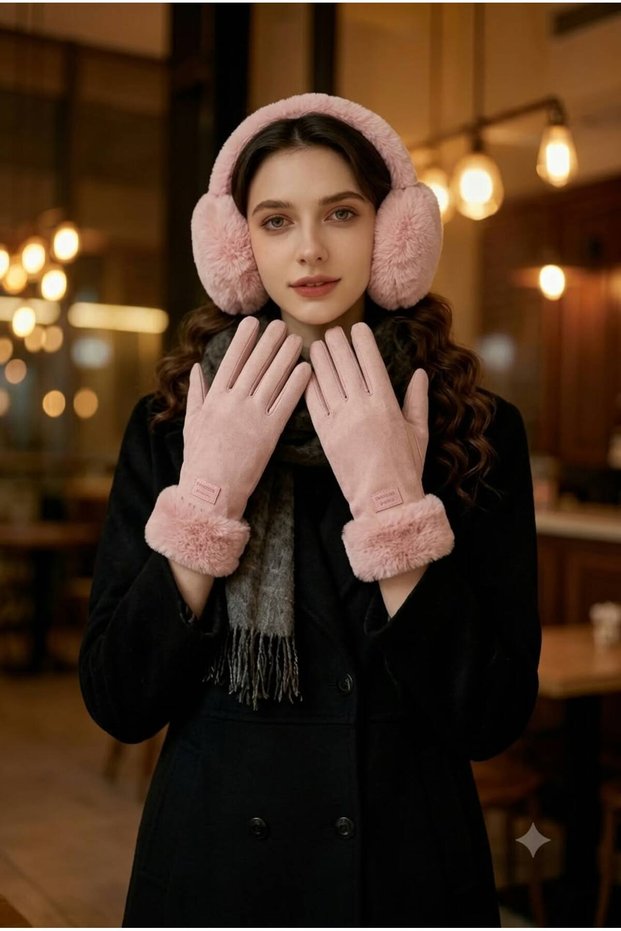 Women's Plush Ear Muffs and Fur Detailed Suede Gloves 2-Piece Winter Set