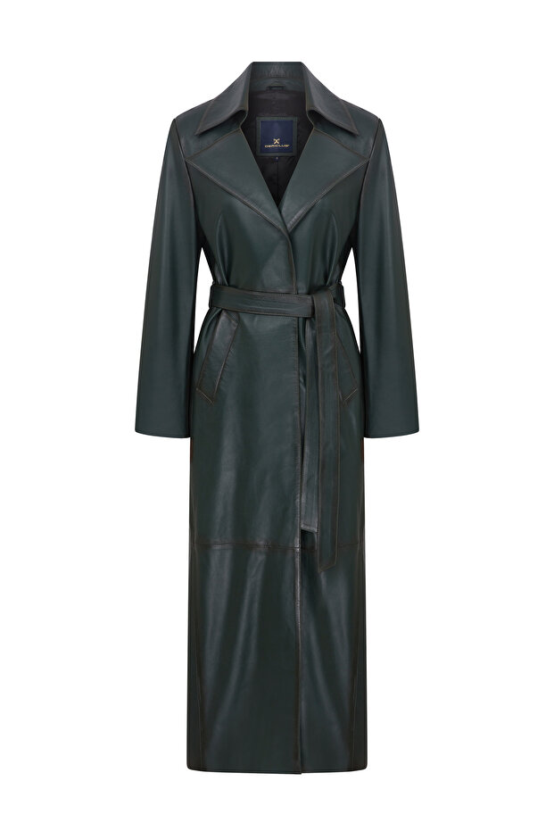Wm030 Genuine Leather Women's Long Trench Coat Green