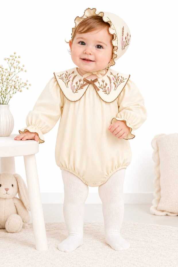 100% Cotton Baby Girl Embroidered Ruffle Collar Hat Long Sleeve Jumpsuit Set Red Beige 3-12 Months - Gift-