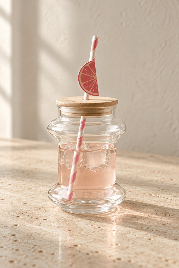 Glass cup with bamboo lid and straw - pink grapefruit figured cold drink cup