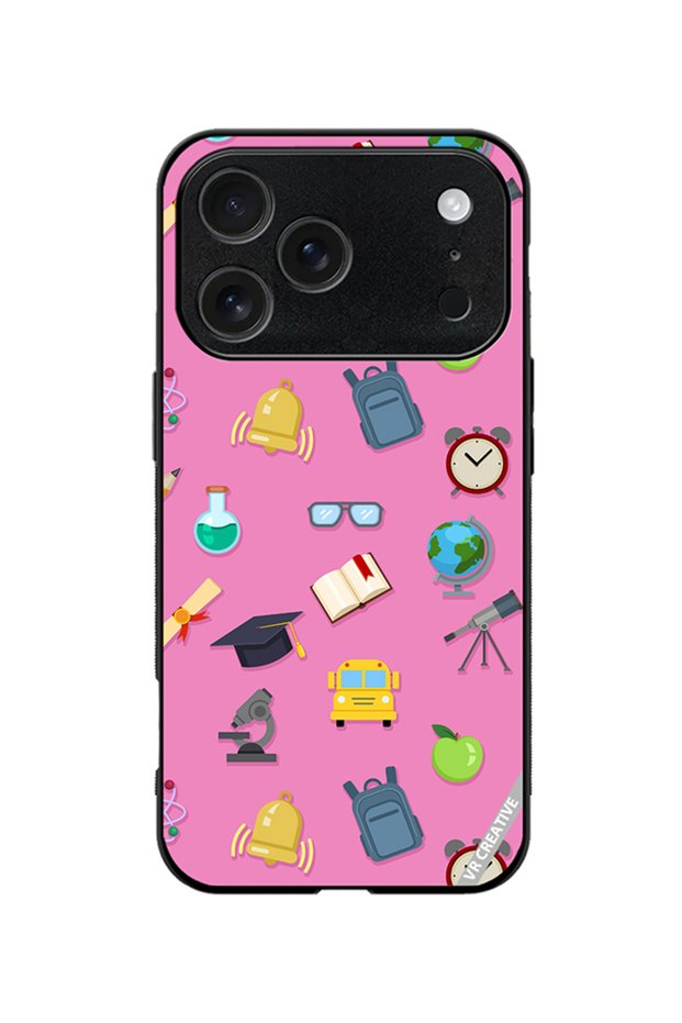 Protective Case Cover For Apple iPhone 18 Pro Vector Seamless Pattern Of School Color Icons On Pink Design Multicolour