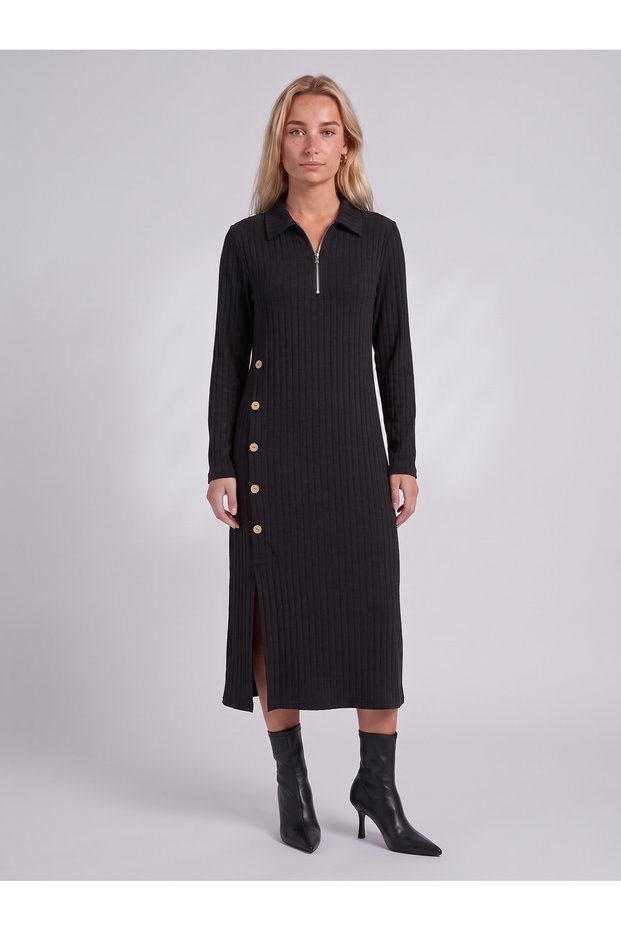 Women's Black Collared Zippered Button Detailed Corded Long Dress