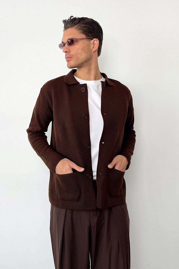 Men's Shirt Collar Buttoned Double Pocket Cardigan Brown - 26121