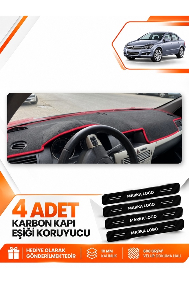 Opel Astra H (2003-2014) Compatible Front Dashboard Protection Cover Carpet - Black-Red - Op003