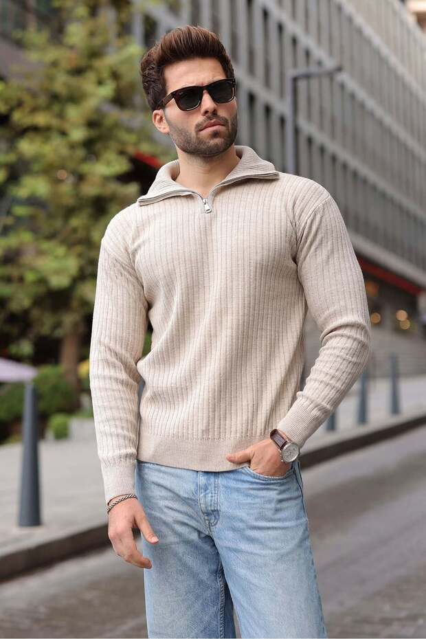 Stone Color Stand Collar Half Zipper Striped Men's Knitwear Sweater E7535