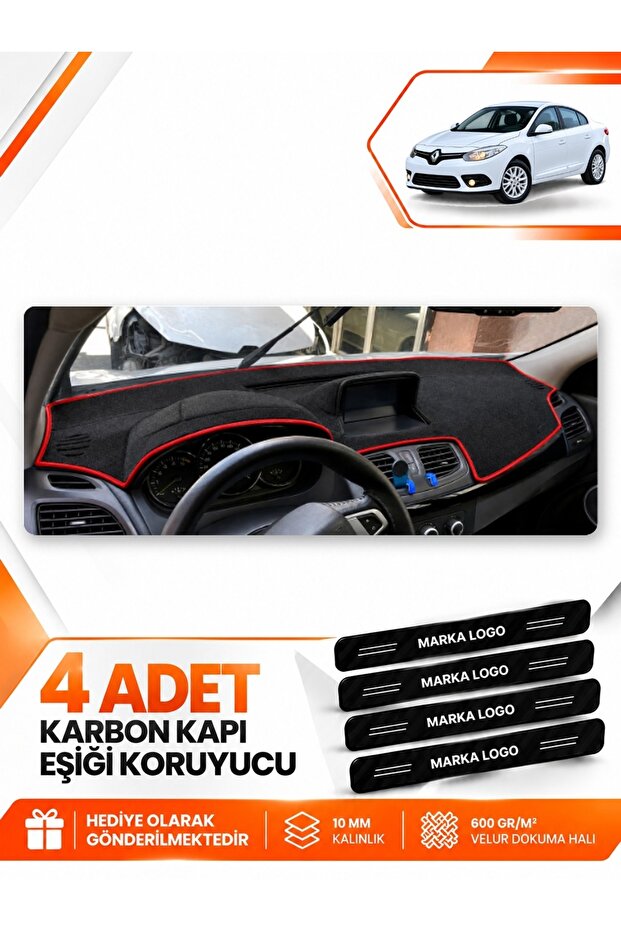 Renault Fluence Large Screen (2009-2016) Compatible Dashboard Protection Cover - Black-Red - Re023