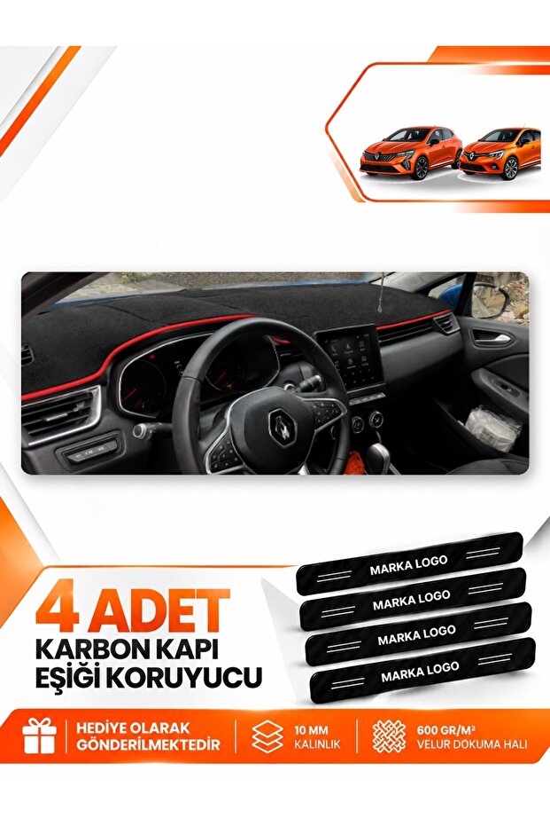 Renault Clio 5 (2019-2026) Compatible Front Torpedo Protection Case Carpet Cover - Black-Red - Re019