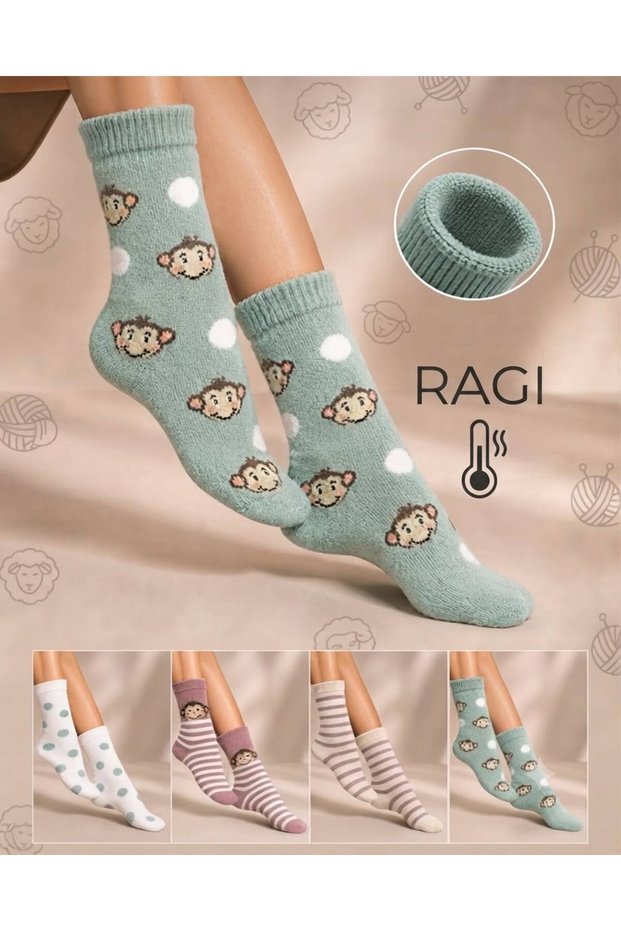 Monkey Patterned Towel Women's Socks 4-Piece Lambswool Washable