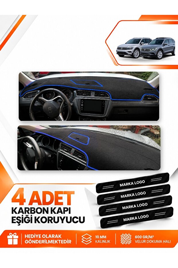 Volkswagen Tiguan (2016-2023) Compatible Front Dashboard Protection Cover Carpet - Black-Blue - Vw024
