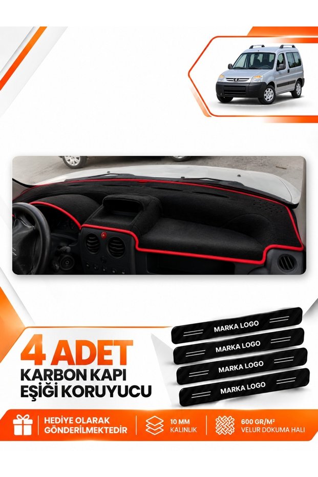 Peugeot Partner (2002-2008) Compatible Front Torpedo Protection Case Carpet Cover - Black-Red - Pe021