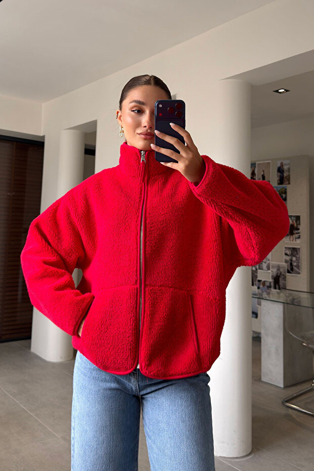 Pocket Detailed Zippered Jacket-Red Red