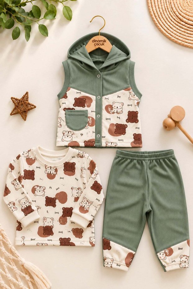 Baby boy teddy bear print hooded vest long sleeve t-shirt 3-piece set 3-6 months