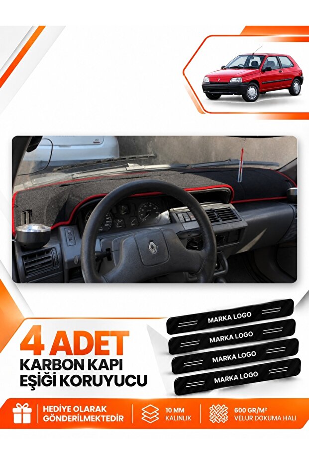 Renault Clio 1 (1990-1998) Compatible Front Torpedo Protection Cover Carpet Cover - Black-Red - Re006