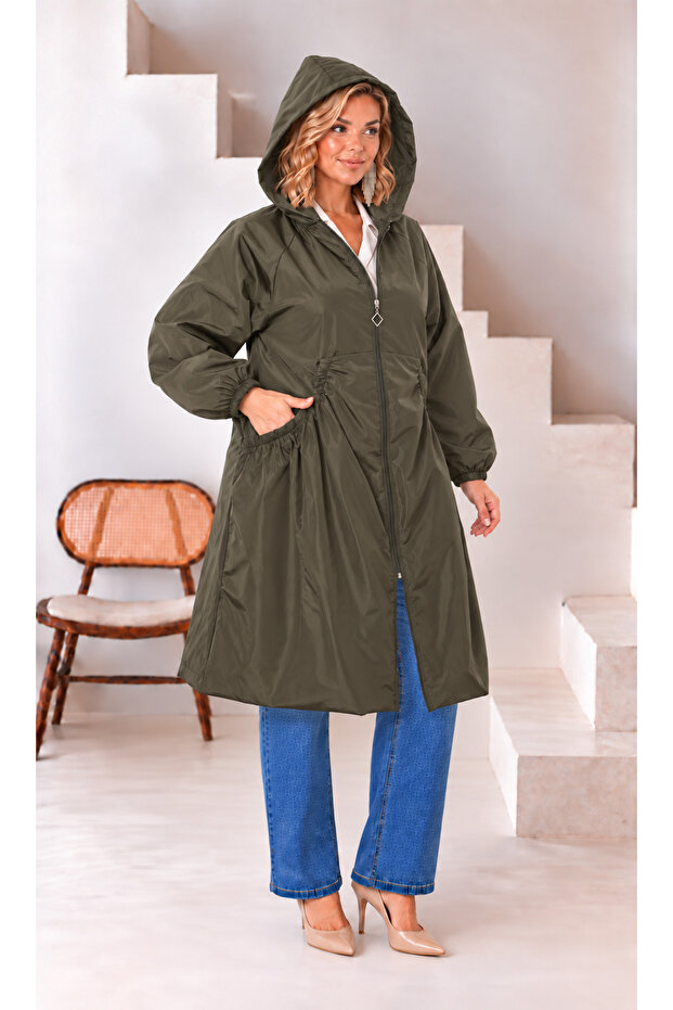 Women's Plus Size Hooded Parachute Fabric Pocket Drawstring Detailed Lined Oversize Trench Coat Coat Jacket Raincoat 29011