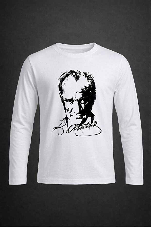 Girls-Boys White and Black Ataturk Printed Long Sleeve T-Shirt 29 October Republic Day