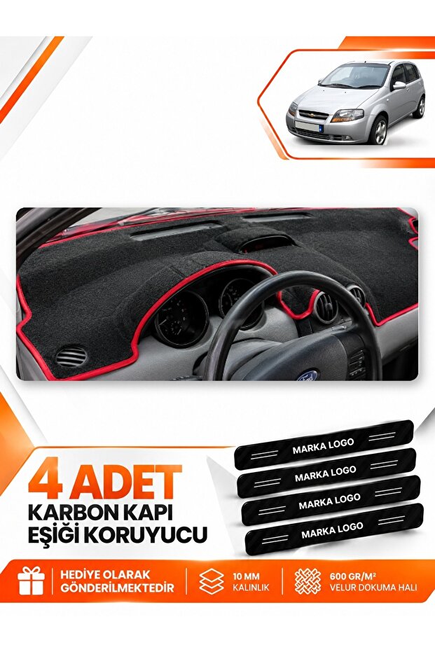 Chevrolet Kalos (2009-2013) Compatible Front Torpedo Protection Case Carpet Cover - Black-Red - Ch004