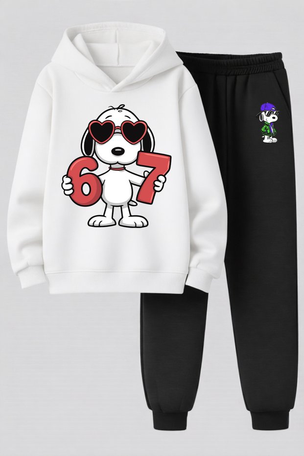 Snoopy Printed 3-Yarn Quality Soft Texture Sweatshirt and Sweatpants Children's Winter Top-Bottom Set