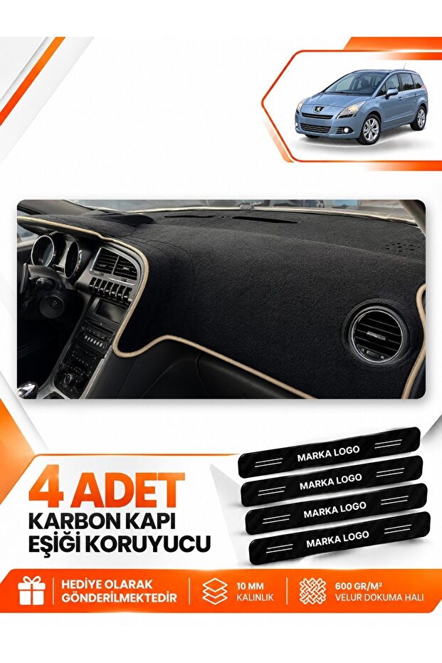 Peugeot 5008 Screenless (2010-2014) Compatible Front Cover Dashboard Protection Cover Carpet - Black-Beige - Pe016