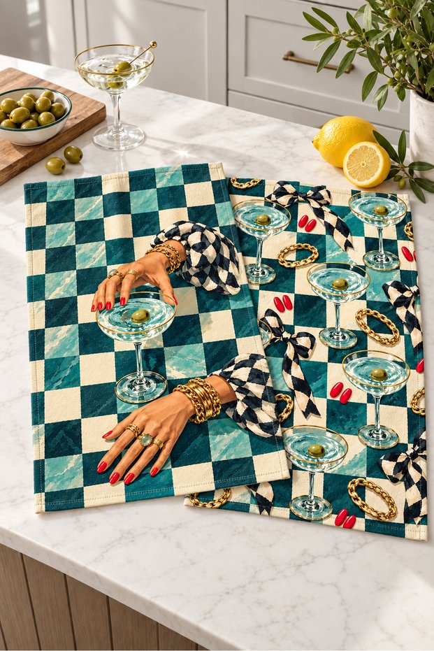 Olive Hour Green Checkerboard Patterned 2-Piece Kitchen Towel Set 40X60