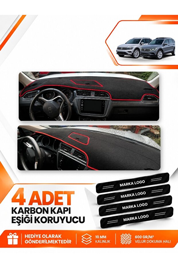 Volkswagen Tiguan (2016-2023) Compatible Front Dashboard Protection Mat Carpet Cover - Black-Red - Vw024