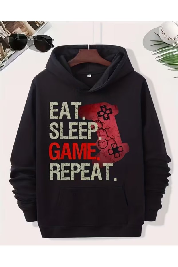 Unisex Eat Sleep Game Repeat Printed Premium Hooded 2 Thread Oversize Sweatshirt