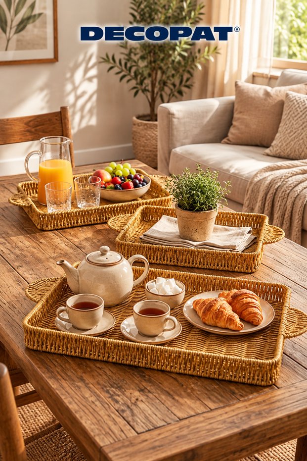 Set of 3 Rectangular Wicker-Look Decorative Trays – Serving, Presentation, and Organizer Trays