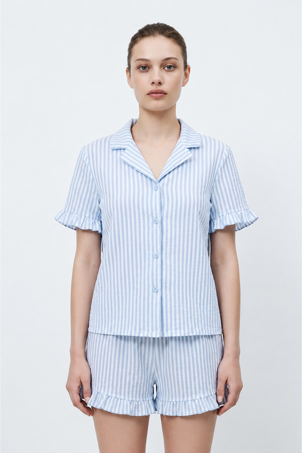 Women's Premium Ruffled Blue Pajama Set