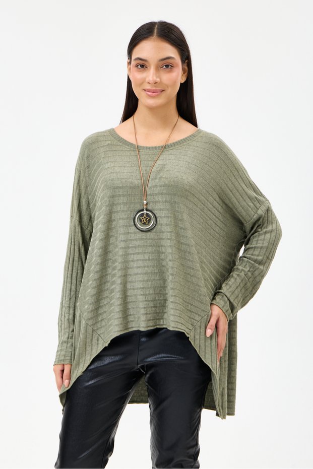 Women's Khaki Italian Large Size Self Horizontal Line Patterned Collared Knitwear Blouse 40 - 48 Size
