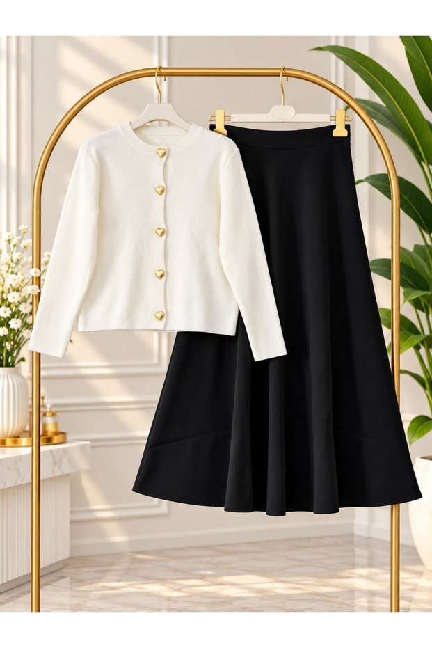 Women's Hijab Gold Button Detailed Black Skirted Knitwear Set White