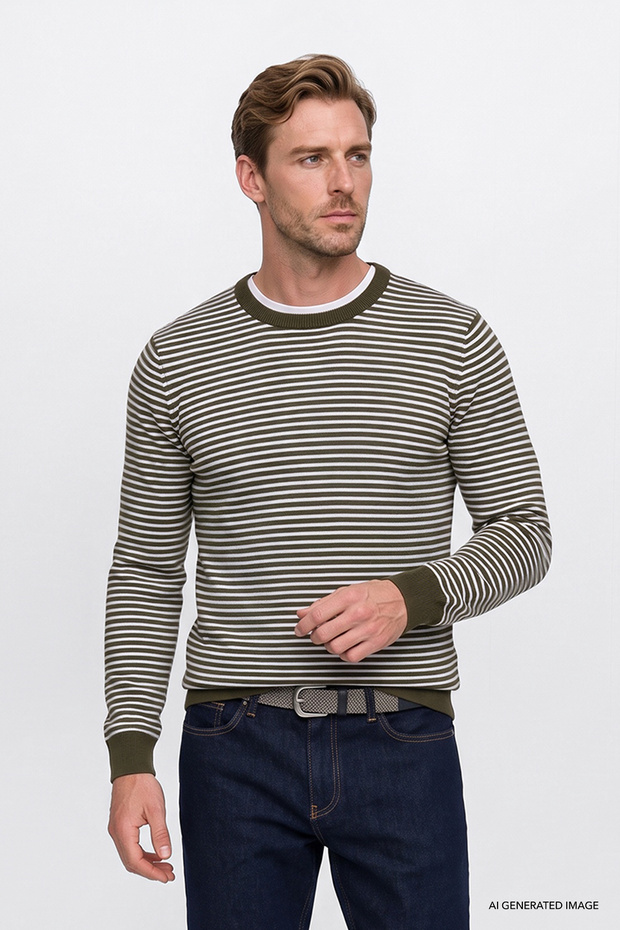 Men's Green-White Warm Standard Fit Regular Cut Crew Neck Striped Knitwear Sweater