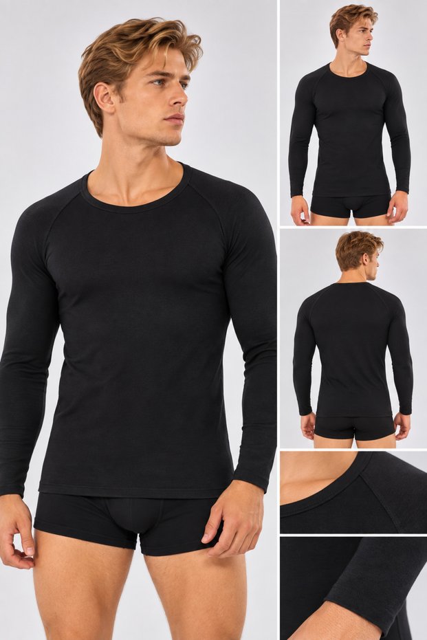 Men's Black Thermal Top Underwear Long Sleeve Crew Neck