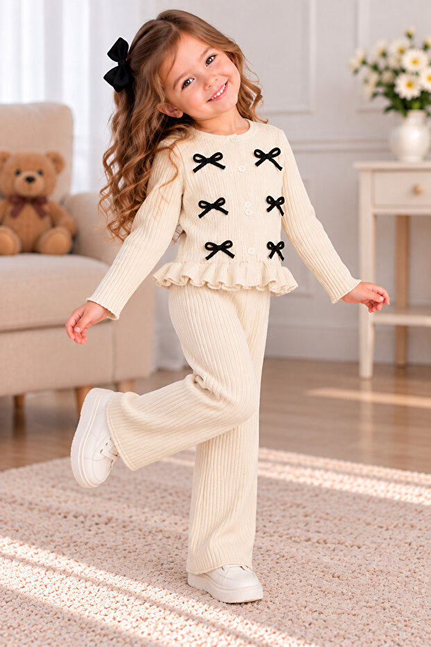 Girl's Knitwear Set with Bow and Ruffle Detail, Knitted 2-Piece Set, Cream