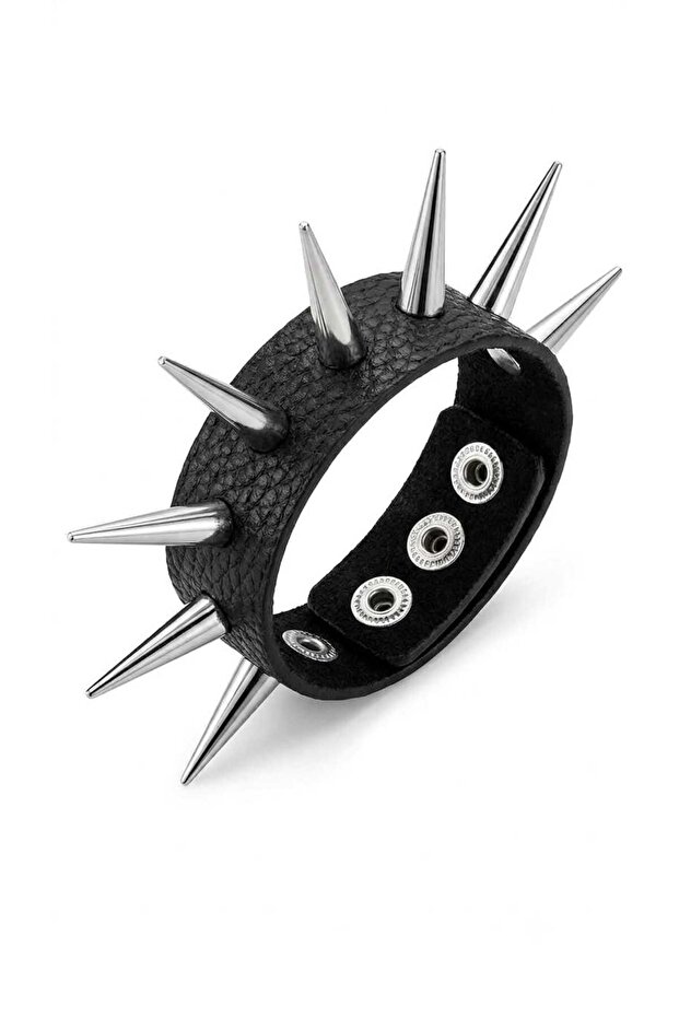 Black Leather Spiked Gothic Punk Bracelet Metal Pointed Studded Y2K Grunge 3-Stage Adjustable