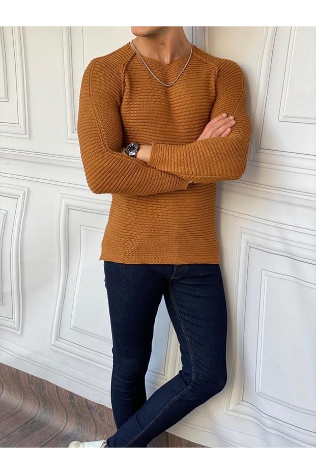 Slim Fit Steel Knitted Open Collar Sweater