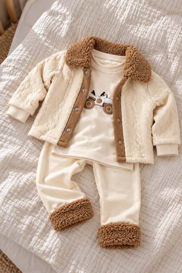 Baby boy plush collar jacket with car embroidery, 3-piece set (top, bottom, jacket) - 3-6-9-12 months