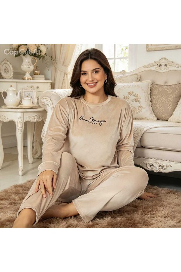 Plus Size Velvet Beige Color Women's Pajama Set Crew Neck Long Sleeve Soft Comfortable Stylish